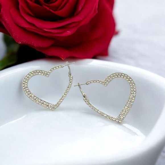 Silver Rhinestone Heart Hoop Earrings Studded Pierced Women's Jewelry Leverback - Picture 7 of 9